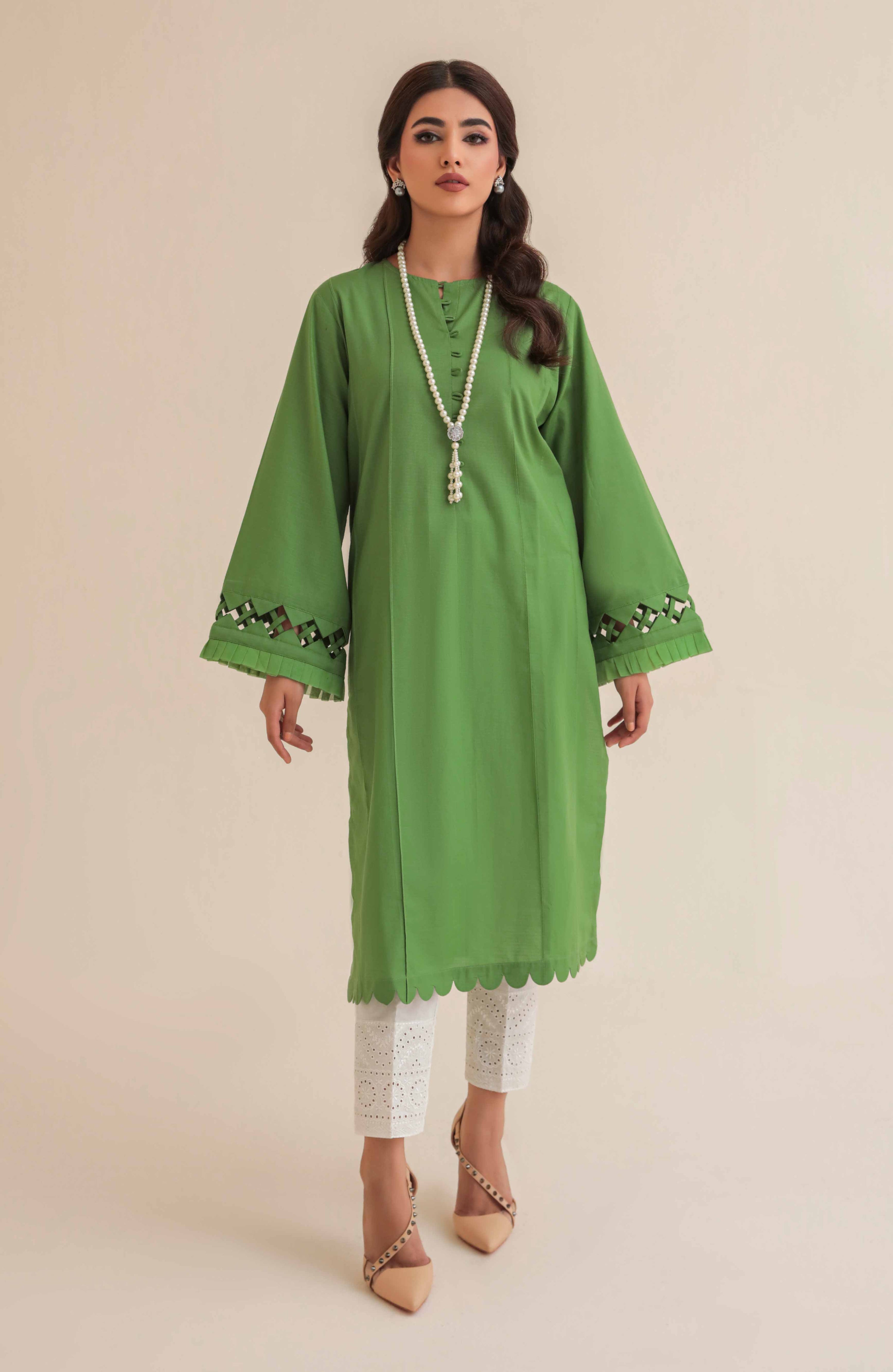 Textured Lawn Dress Designs For Girls In Green Color