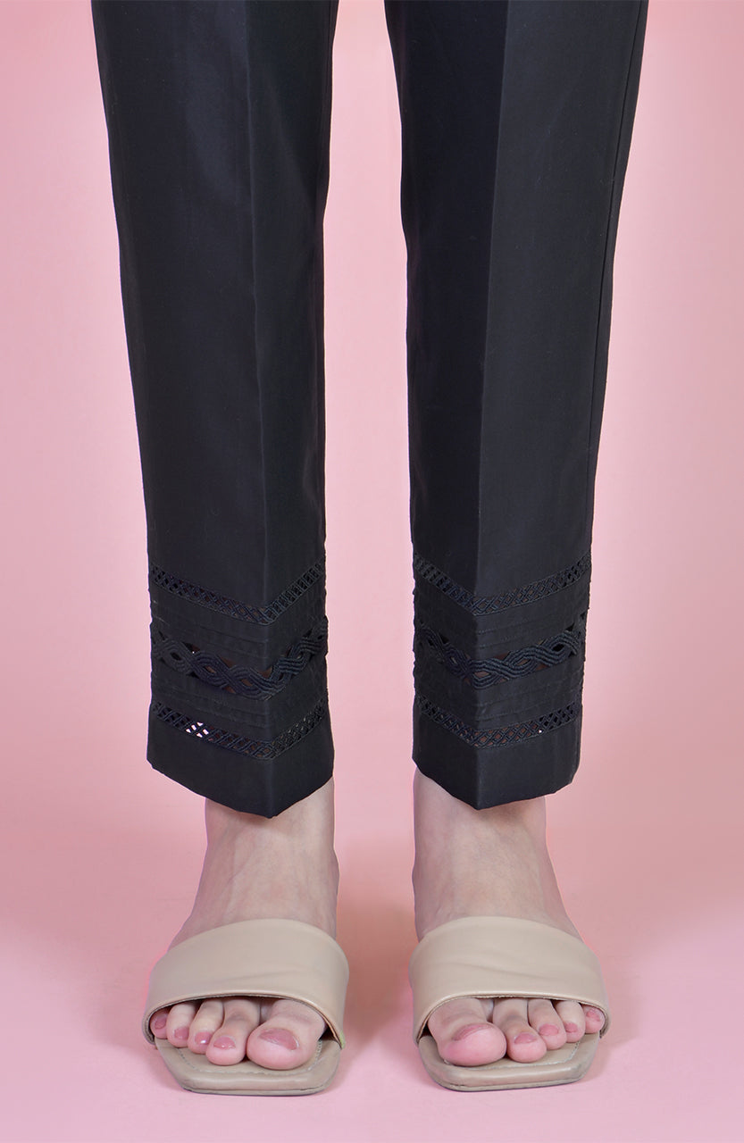 Embriodered Trousers For Girls Straight Cut Pant In Black Color With Lace And Pleat Detailing